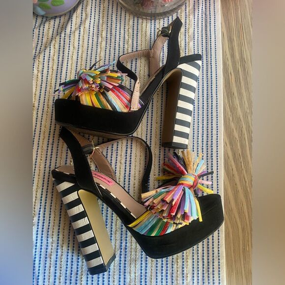 BETSEY JOHNSON 1970s Style Striped Pom Pom Platform Heels size 5.5 - Picture 1 of 16